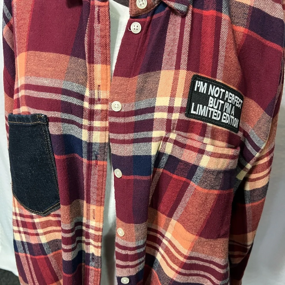 Upcycled Plaid Surf Team Shirt - Red and Orange - Picture 3 of 4